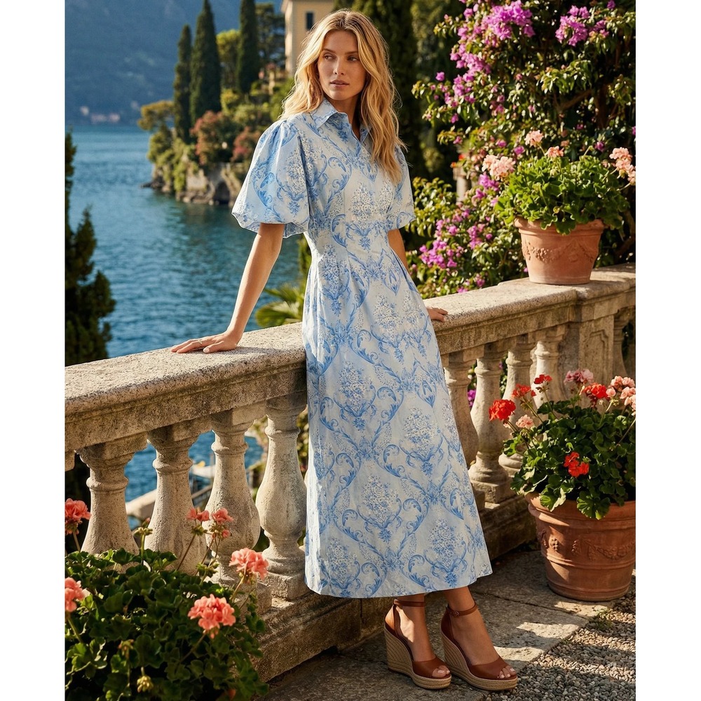 Trish Scully Lauretta Midi Dress Blue White Damask Toile Cotton Puff Sleeve S